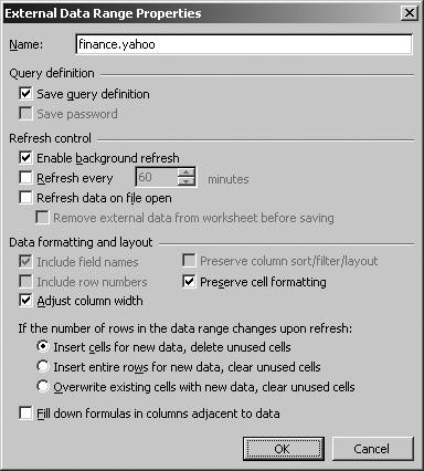 Use Query properties to name the query, set how data is refreshed, and how cells are inserted