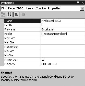 Setting the File Search properties to find Excel 2003