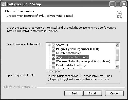 Checking the Plugin: support for iTunes option when installing EvilLyrics