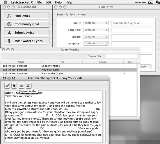 LyricTracker X’s main menu, showing the Find Lyrics window, the Query Results window, and the Upload to iPod button selected in the individual song lyrics file