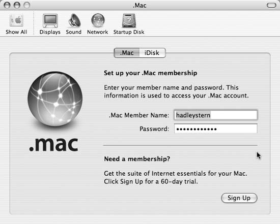 The .Mac preferences window in System Preferences