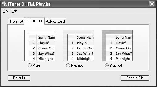 The main interface of iTunes XHTML Playlist, with the Themes tab selected