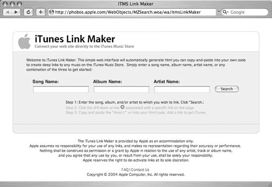 The iTunes Link Maker main page