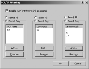 The TCP/IP Filtering dialog