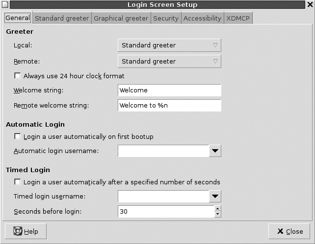 The GNOME Login Screen Setup window