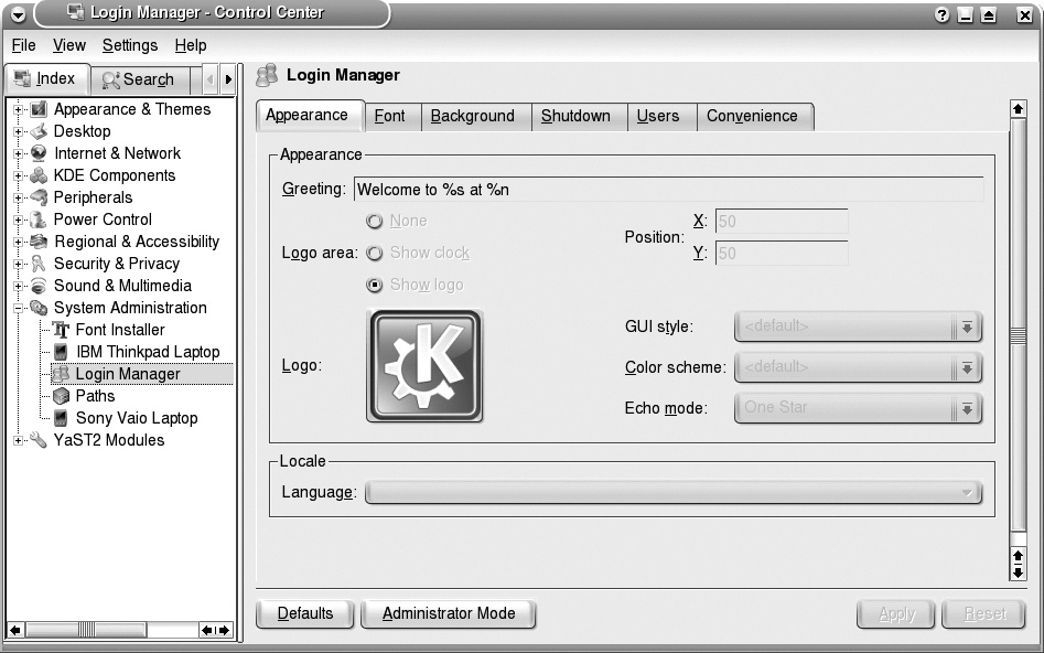 The KDM Login Manager configuration tool