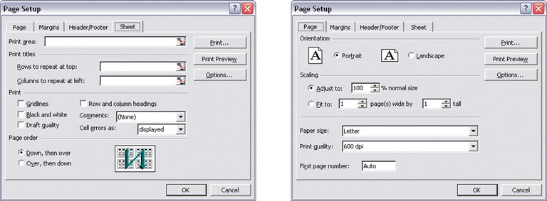 The Windows and Mac OS look-and-feels help to implement a visual framework, since colors, fonts, and controls are fairly standard. But you need to add the higher-level structure, like the layout grid and language. These Excel screenshots both come from the same dialog box—Page Setup—and they illustrate the concept well. All these characteristics are consistent from page to page: location of action buttons in the upper and lower right; margin size, indenting, and vertical distance between text fields; extension of text fields to the right edge; the use of labeled separators (such as "Print titles" and "Orientation") to delimit Titled Sections; and capitalization and grammar.