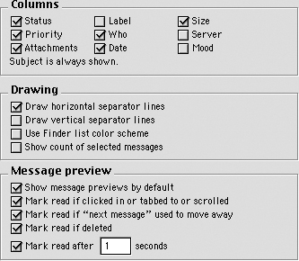 Typical usage of Titled Sections in desktop applications. In Eudora's preferences dialog, the boxes look good around the grids of checkboxes, the bold titles stand out clearly, and there is sufficient whitespace between the sections to give them visual "breathing room." (In fact, this example would work even if the boxes were erased.)