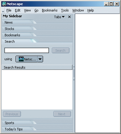 Netscape imposes different physical constraints. The "tab" buttons in this sidebar are stacked vertically, and they move from top to bottom as the user clicks them, so now the selected page always has its button directly above it. This is an interesting solution for a constrained, vertically oriented space. (It originally was seen in early versions of Visio.)