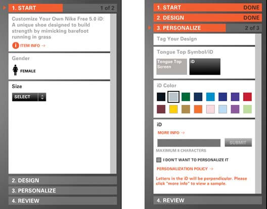 Here's another implementation of a vertical Card Stack, one that doesn't even pretend to use tabs. This Nike web application has you click on the orange horizontal bars to show one pane at a time.