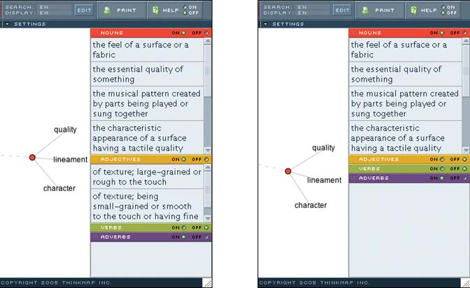 Thinkmap's Visual Thesaurus is a web application that uses Closable Panels. The colored titlebars delineate four sections that you can turn on and off at will, via the On/Off radio buttons. You also can drag the titlebars to resize the sections. The user gets more control over what he sees on the interface—if the four sections make it too cluttered, he can turn off the least relevant ones. See .