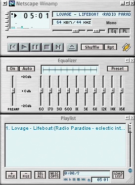 The three pieces that make up Winamp can be hidden, shown, rearranged, even separated completely from each other and moved independently. The user can move a piece by dragging its titlebar; that titlebar also has Minimize and Hide buttons. You can bring back hidden pieces via pop up menu items. In this screenshot, you can see Winamp's default configuration.