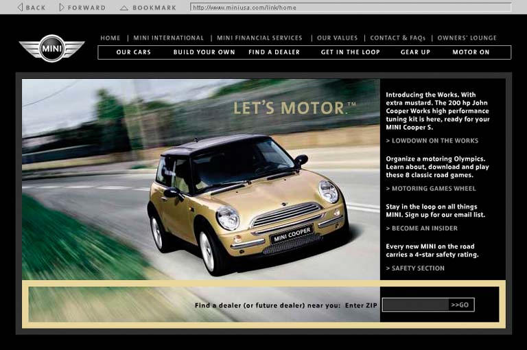 Likewise with heavily graphic UIs. The focal points in the site shown here are the logo, the moving car, the "Let's Motor" tag line, and the dealer-locator text field at bottom right—all in a diagonal line (approximately). The motion of the photograph pushes the eye down and right even more forcefully than the other examples. Undoubtedly, the designers of the site wanted to encourage people to use the text field. If it were at the bottom left instead, the page would lose much of its punch, and the text field might get lost in the page. See .