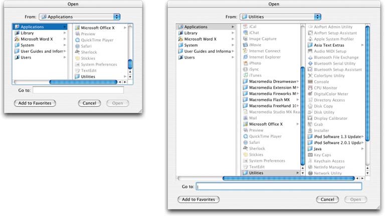 Mac OS X allows you to resize the standard "Open" dialog box, which uses a liquid layout. This is good because users can see as much of the filesystem hierarchy as they want, rather than being constrained to a tiny predetermined space. (The Cascading Lists pattern is in this dialog box, too.)