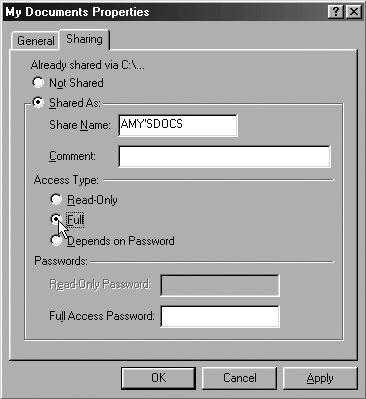Change the Access Type to Full to be able to save files in a shared folder in Windows 98SE and Me.