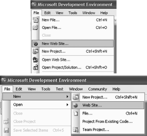 Creating a new web site in Visual Studio 2005