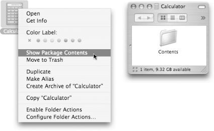 Left: In the Finder, highlight a program, Control-click it, and then choose Show Package Contents from the contextual menu.