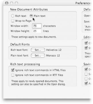 To make TextEdit use plain text, choose TextEdit → Preferences. In the New Document Attributes section, turn on “Plain text,” shown here next to the cursor. From now on, when you create or edit a file, TextEdit will save it in plain text format, just the way Mac OS X system software likes it.
