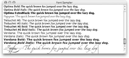 The Font Sampler script launches TextEdit, opens a new document, and fills it with dozens of copies of the classic “What does this font look like?” test sentence: The quick brown fox jumped over the lazy dog. Then, as you watch, it formats each line with a different font, creating a page to print out and keep as a reference.
