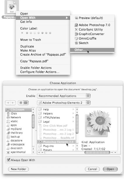 Top: The Open With menu offers a list of programs capable of opening an icon. The “(default)” icon displays the currently scheduled parent program.
