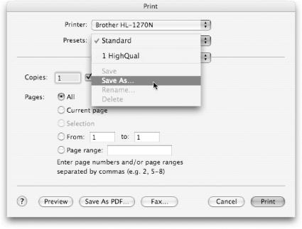 To preserve printing settings, choose File Print to summon the Print dialog box. Make the settings you’d like to preserve. Before you click Print, choose Save As from the Presets pop-up menu, and give this setting combination a name. You can recall the whole shebang in the future by simply selecting this name from the pop-up menu.