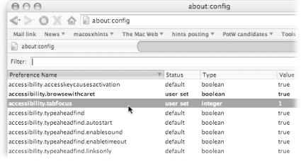 The “about:config” page in Netscape, Firefox, and Mozilla displays a huge number of obscure settings. The highlighted one controls how these browsers handle tabbing through elements on a typical HTML page.