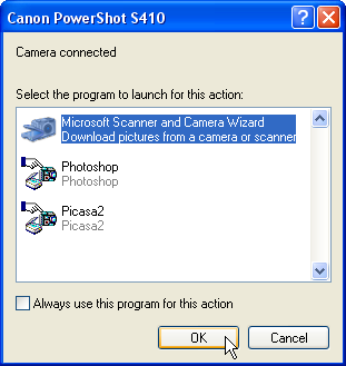 Once you connect your camera to your PC, Windows XP lists all the software on your PC that can talk to cameras. To skip this menu in the future, turn on the checkbox marked “Always use this program for this action.” Then choose the program Windows XP should automatically summon the next time you plug in your camera.
