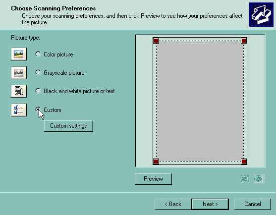 Although the first three preset options in this window of the Scanning and Camera wizard sound tempting, they’re too basic. For instance, choosing Color picture makes the scan too large to email, but too small to reprint later. For better results, choose the setting called Custom.
