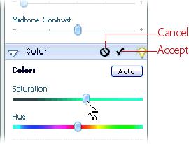 When you move a slider in any of the Quick Fix palettes, the cancel and checkmark buttons appear in the palette you’re using. Click the Cancel symbol to undo the last change you made, or click the checkmark (Accept) to apply the change to your image. If you make multiple slider adjustments, then clicking the Cancel symbol undoes everything you’ve done since you clicked Accept. So, once you click Accept, the only way to back out is to click Reset (or press Ctrl+Z) and start over.