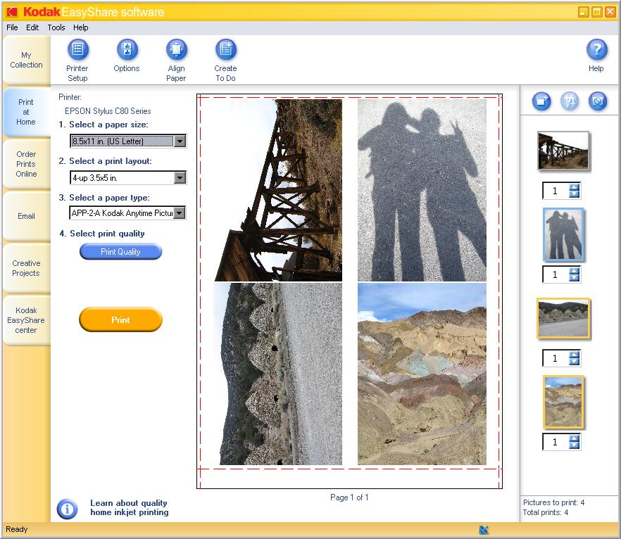 The Print at Home tab shows you a preview of the printed page. Use the drop-down menus to set up the page layout for printing. EasyShare provides several choices for printing more than one photo to a sheet. Click the Print Quality button to tweak your printer settings; the options available vary from one printer to another.