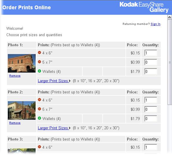 Ordering prints using Kodak EasyShare is a simple process, but you must have an account before you can order prints. You choose the sizes and quantities, and the program does the uploading and handles the other details.