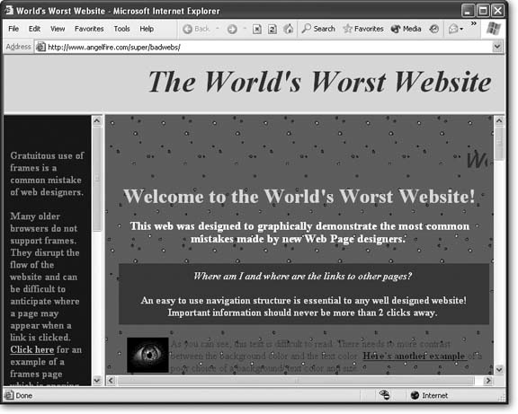 Here’s a Web site that gets it all wrong—deliberately. With a combination of scrolling titles, a crazily blinking background, and unreadable text, www.angelfire.com/super/badwebs does a good job at demonstrating everything you should try to avoid in your own Web pages. Check out this actual web site to see for yourself.