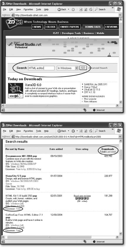 Top: ZDNet has a rich catalog of shareware. Start by typing “HTML editor” in the search box and click GO.(If you’re looking for Mac software, you should also change the list selection from “In Windows” to “In Downloads” and add the word “Mac” to your search.)Bottom: In the table of lists, click the heading “Downloads.” This sorts the results so the most sure you read the license details next to each item to find out whether its trialware (like Dreamweaver and HomeSite) or completely free (like HTML-Kit and CoffeeCup). Then, select the item and follow the instructions to download and install it on your computer.