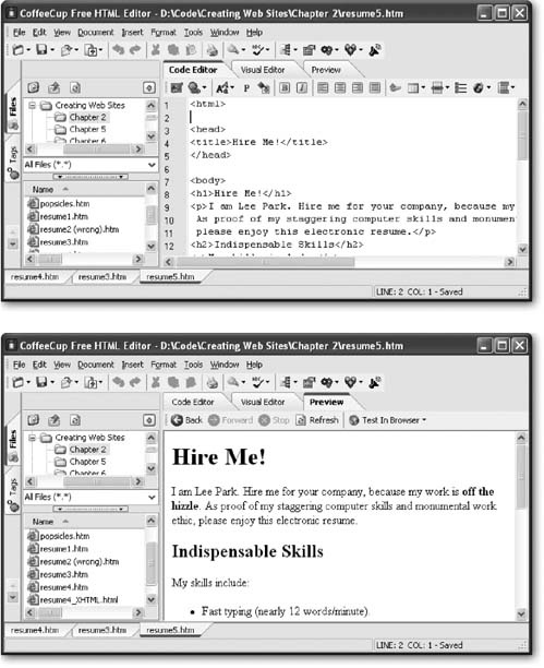 Top: The best part about the HTML Code Editor view in CoffeeCup is that you can click several handy toolbar buttons to insert common HTML tags.Bottom: Click the Preview tab to see a preview of what your HTML document will look like in a browser. Stay away from the Visual Editor tab, though—it’s reserved for paying customers only.