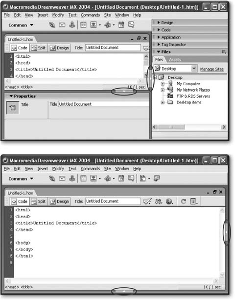 Top: Dreamweaver is packed with features, many of which sit at your fingertips in specialized panels, which latch on to the right side and bottom of the main window. In this figure, you see the view that appears automatically when you open Dreamweaver. But until you’ve learned the basics, it’s easiest to push the clutter out of the way by clicking the arrows circled here.Bottom: You can also hide all panels at once by choosing View → Hide Panels. (Just choose View → Show Panels when you’re psychologically ready for them to return.) In this figure, the special features are hidden, enlarging your main window view.
