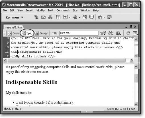 One handy option is the split view, which splits the window into two panes. This figure shows a Dreamweaver screen after the Split button (circled) has been clicked. Most commonly, you’ll use this view so you can edit the HTML tags and see a preview that’s updated as you type. However, you could also work the other way, by editing the WYSYWIG preview, and seeing what HTML tags are inserted (which is a great way to learn HTML). Both Dreamweaver and FrontPage provide a split view option, but Nvu doesn’t.