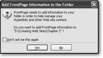 In order to use FrontPage’s Web site management features, you need to let it add specialized subfolders to your Web site folder. You can see these subfolders in Windows Explorer—they have names like _private, _vti_cnf, and _vti_pvt. FrontPage also adds a subfolder named images that you can use to store pictures you want to use in your Web site. This figure shows the dialog box that appears when you first open a new folder in FrontPage as a Web site.