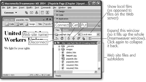 This example shows the local view of the Lee Park site. The local view lists all the files that are in the Web site folder on your computer. Using the icons in this window, you can quickly transfer files to and from the remote Web server.
