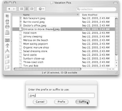 If you have a lot of files that you’re bringing over from Mac OS 9 or your digital camera, there’s a good chance that they’re missing file extensions (abbreviations like .jpeg and .txt that let them open in Mac OS X). The hard way to add these extensions is to rename each file by hand (top). The easy way: in the Script Menu, choose Finder Scripts → Add to File Names, enter the file extension you want to append, and click Suffix (bottom).