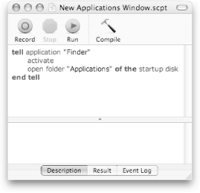 If you’ve never seen an AppleScript before, you may be surprised at how simple the code looks. As you can probably guess from the commands in the window, this script simply opens the Applications folder in the Finder.