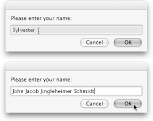 The default answer option is all you need to add a text field to a dialog box. Whatever you put in your script after default answer will be what appears in this dialog box at first (top), although you’re free to delete the text and enter anything you’d like instead (bottom).