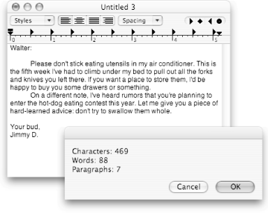 There’s no reason to use other programs to count your words when TextEdit and AppleScript can do it for free. For the ultimate in convenience, add your new word-, character-, and paragraph-counting script to the Script Menu (Section 1.1.16.1).