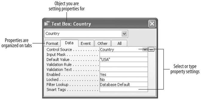 The properties sheet for a text box control.