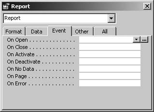 The Event tab shows the global report events—click in a particular field, then click the Build (…) button on the right to create an event procedure.