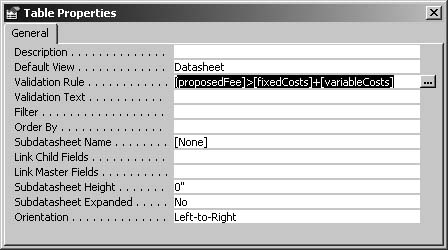 In the table’s properties sheet, you can enter a validation rule that references different fields from the table.