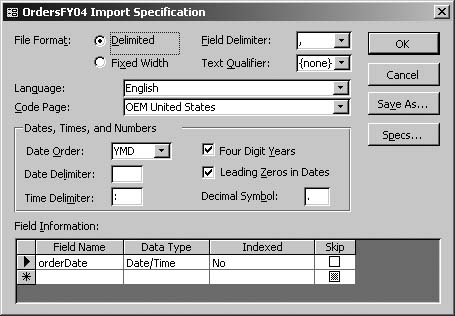 The Import Specification dialog lets you specify data types for your import fields, and gives a fair amount of flexibility in interpreting date fields.