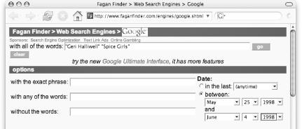 The FaganFinder Google interface with Gregorian-based date range searching