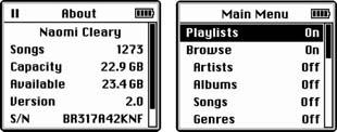 Left: Among other bits of trivia, the About screen shows how much space is left on the iPod, ready for you to fill with songs and files.Right: The Main Menu settings, just under About, can customize your iPod’s main screen.