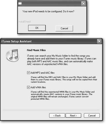 It’s not quite as dramatic a moment as watching a butterfly emerge, but the transformation of a brand-new iPod into a Windows iPod is beautiful in its own right.Top: The installer asks whether you want to “configure” the iPod–that is, reformat it with the Windows FAT32 disk-formatting scheme.Bottom: Once the program installs iTunes for Windows on the PC, it offers to sniff around for existing music files, including any songs in the Windows Media Audio format. Although the iPod can’t play WMA files, iTunes will convert them to the AAC format for use on the iPod–if you choose to let it.