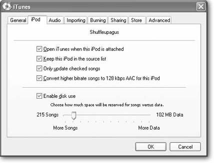 You can make a number of adjustments to your Shuffle’s behavior in the iPod preferences box. To get there, plug in your player, select it in the Source list, and then, in the bottom right corner of the iTunes window, click the iPod-shaped icon to call up this box.Here, you can set the Shuffle to always show in iTunes, compress big tracks into small ones, and even turn the Shuffle into an everyday USB flash drive for storing files and folders.